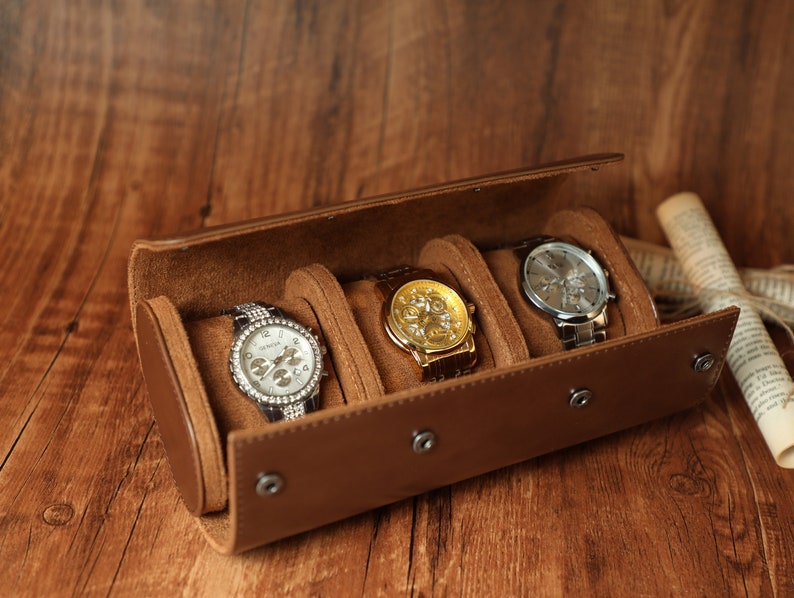 Boîtier de montre en cuir personnalisé, boîte de montre brune, boîte de montre de voyage, rouleau de boîtier de montre en cuir de luxe pour 3 montres, cadeau pour lui, cadeau de marié image 2