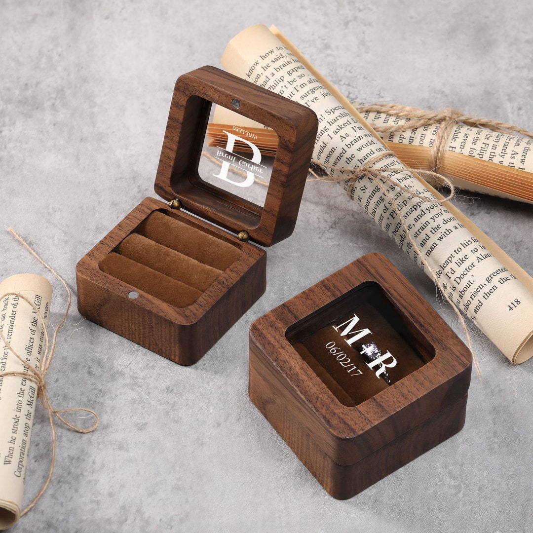 Personalized Wedding Ring Box, Square Ring Box, Wooden Ring Box
