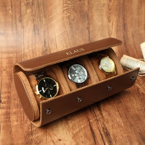 Caja de reloj de cuero personalizada, caja de reloj marrón, caja de reloj de viaje, rollo de caja de reloj de cuero de lujo para 3 relojes, regalo para él, regalo de novio imagen 1