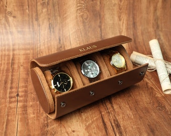 Personalised Leather Watch Case, Brown Watch Box, Travel Watch Box, Luxury Leather Watch Case Roll for 3 Watches, Gift For Him, Groom Gift