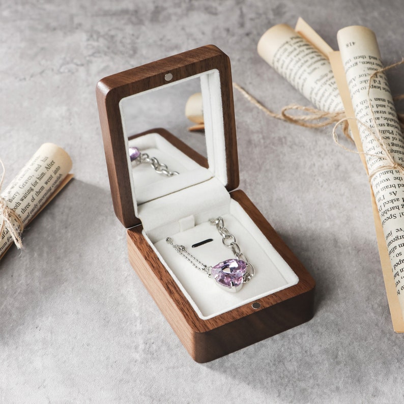 Custom Birth Flower Jewelry Box, Wedding Necklace Box, Wood Necklace Box, Necklace Box with Mirror, Wedding Gift for Her, Anniversary Gift image 9