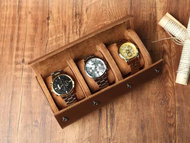 Custom Portable Watch Box, Brown Watch Box, Travel Watch Box, Luxury Leather Watch Case Roll for 3 Watches, Watch Travel Box Holder image 2