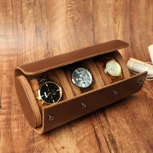 Boîtier de montre en cuir personnalisé, boîte de montre brune, boîte de montre de voyage, rouleau de boîtier de montre en cuir de luxe pour 3 montres, cadeau pour lui, cadeau de marié image 4