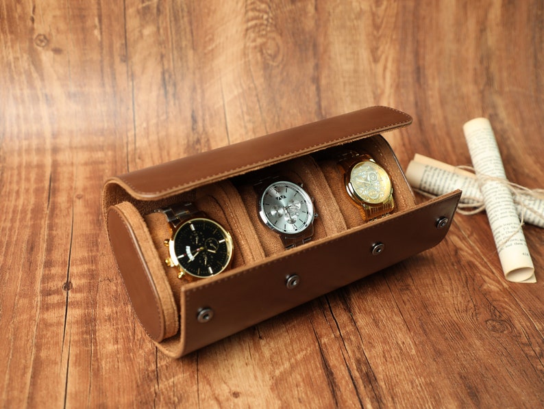 Caja de reloj de cuero personalizada, caja de reloj marrón, caja de reloj de viaje, rollo de caja de reloj de cuero de lujo para 3 relojes, regalo para él, regalo de novio imagen 4