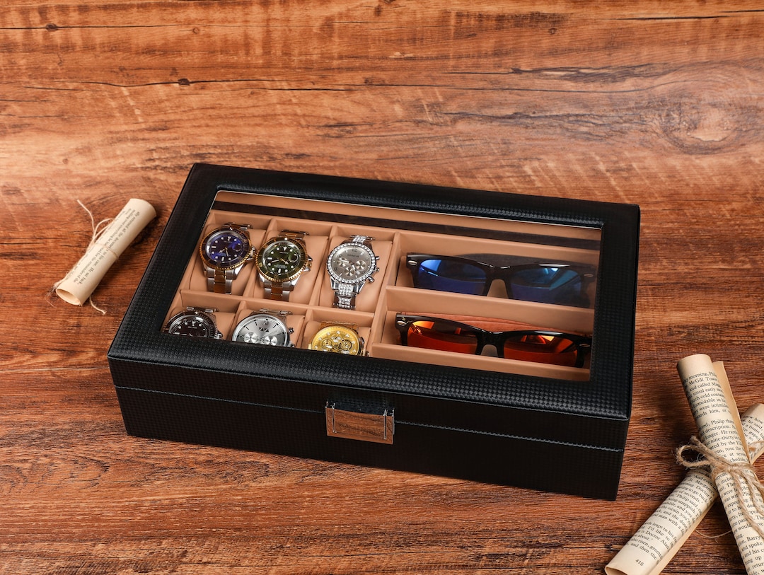 Personalized Watch Case, Watch Box Sunglass Organizer With Real Glass