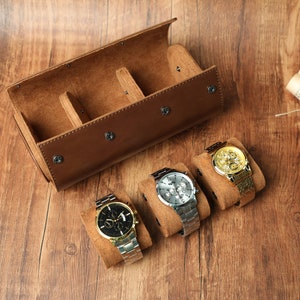 Caja de reloj de cuero personalizada, caja de reloj marrón, caja de reloj de viaje, rollo de caja de reloj de cuero de lujo para 3 relojes, regalo para él, regalo de novio imagen 6