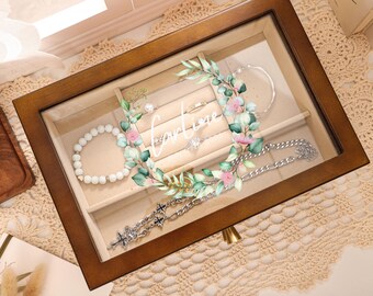 Retro Box, Large Jewelry Box, Gift For Women Her, Custom Flower Jewelry Box, Suede Jewelry Box, Wedding Gift, Best Friend Idea, Gift for Mom