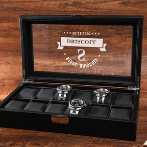 Aangepaste horlogeorganisator, aangepaste teksthorlogeorganisator, zwarte luxe horlogedoos, gepersonaliseerde horlogeorganisator, beste cadeau voor mannen, cadeau voor hem
