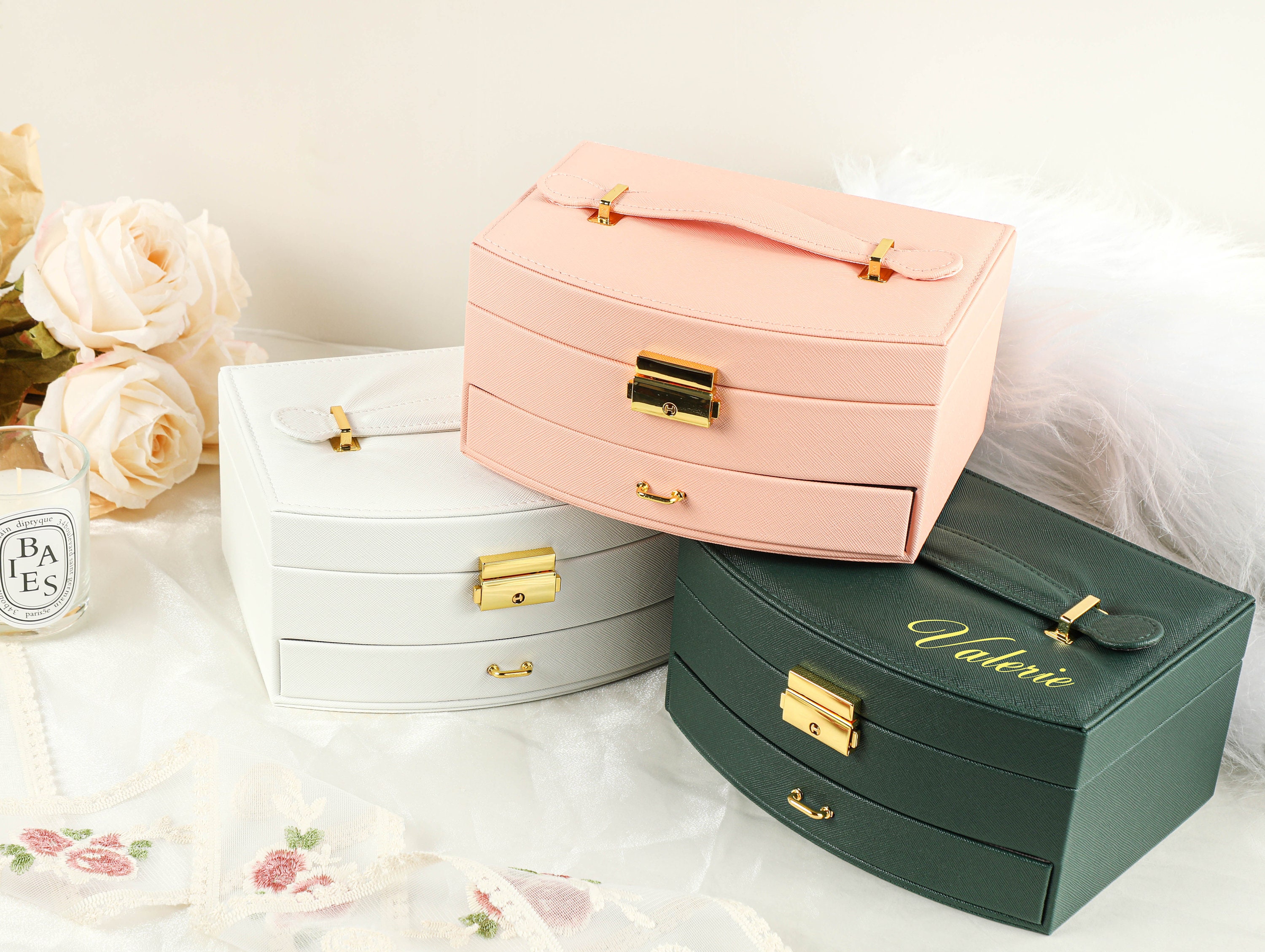 Large Jewelry Box with Mirror, Necklace Jewelry Box Multifunction Storage Box for Earrings Necklace Bracelet, Monogram Name Jewelry Boxes