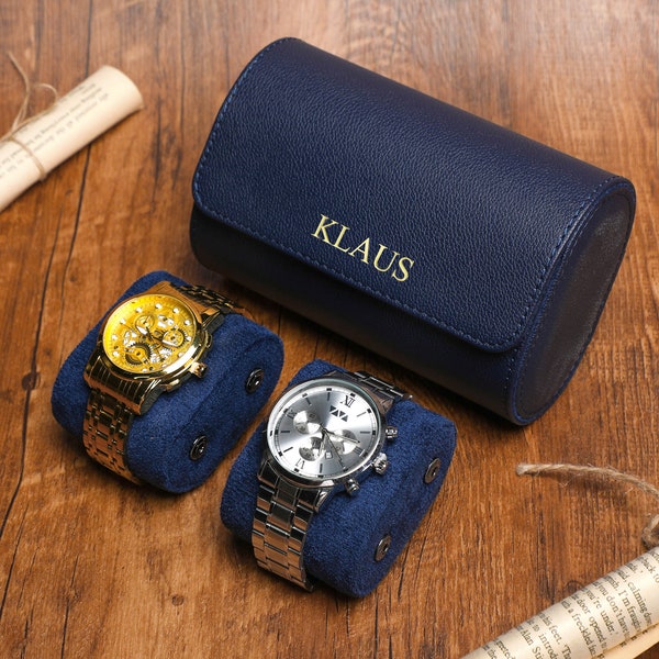 Rouleau de boîtier de montre en cuir de luxe personnalisé pour 3 montres, boîte de montre portable, rouleau de montre bleu, boîte de montre de voyage, support de boîte de voyage de montre