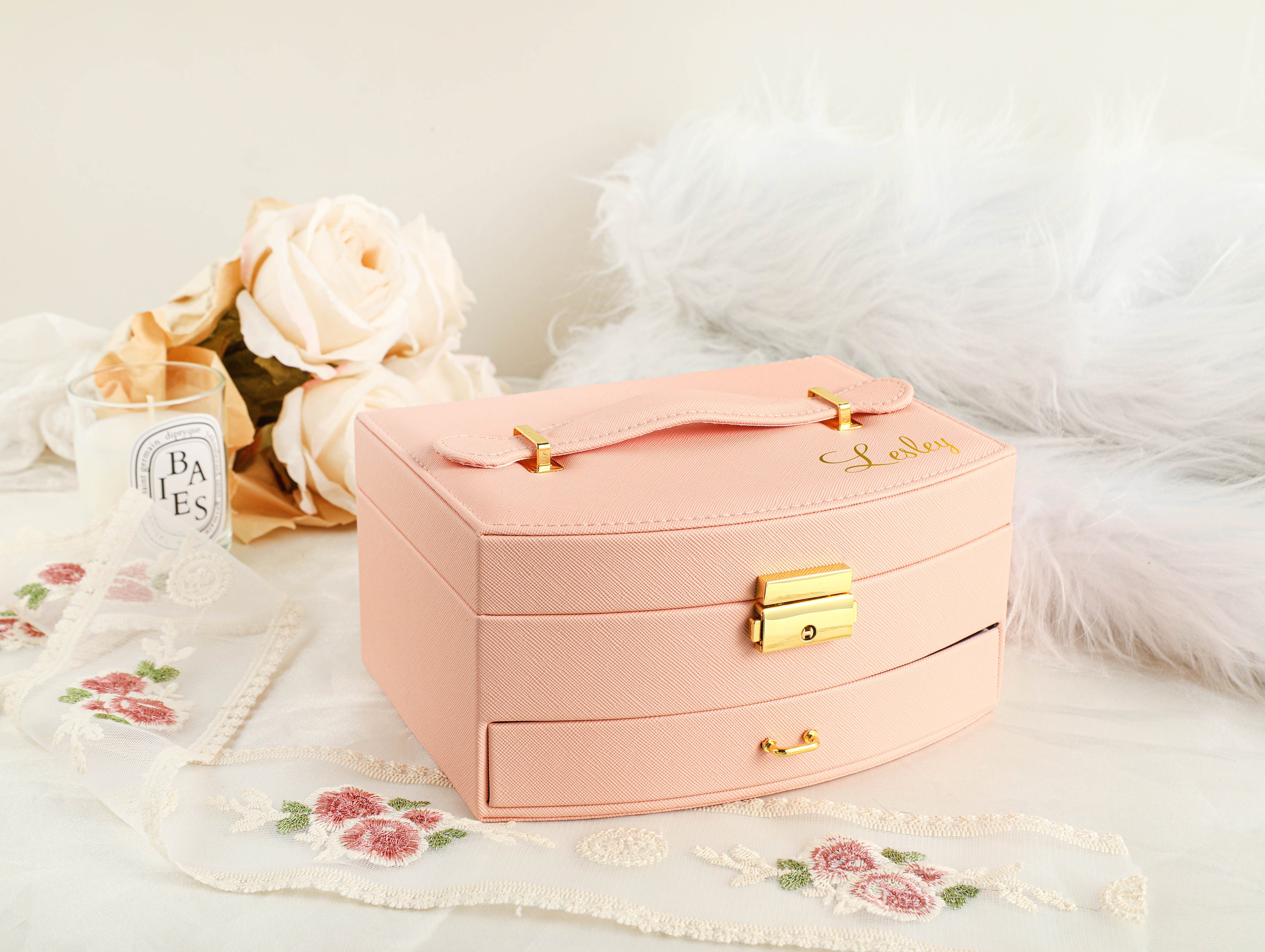 Large Jewelry Box with Mirror, Necklace Jewelry Box Multifunction Storage Box for Earrings Necklace Bracelet, Monogram Name Jewelry Boxes