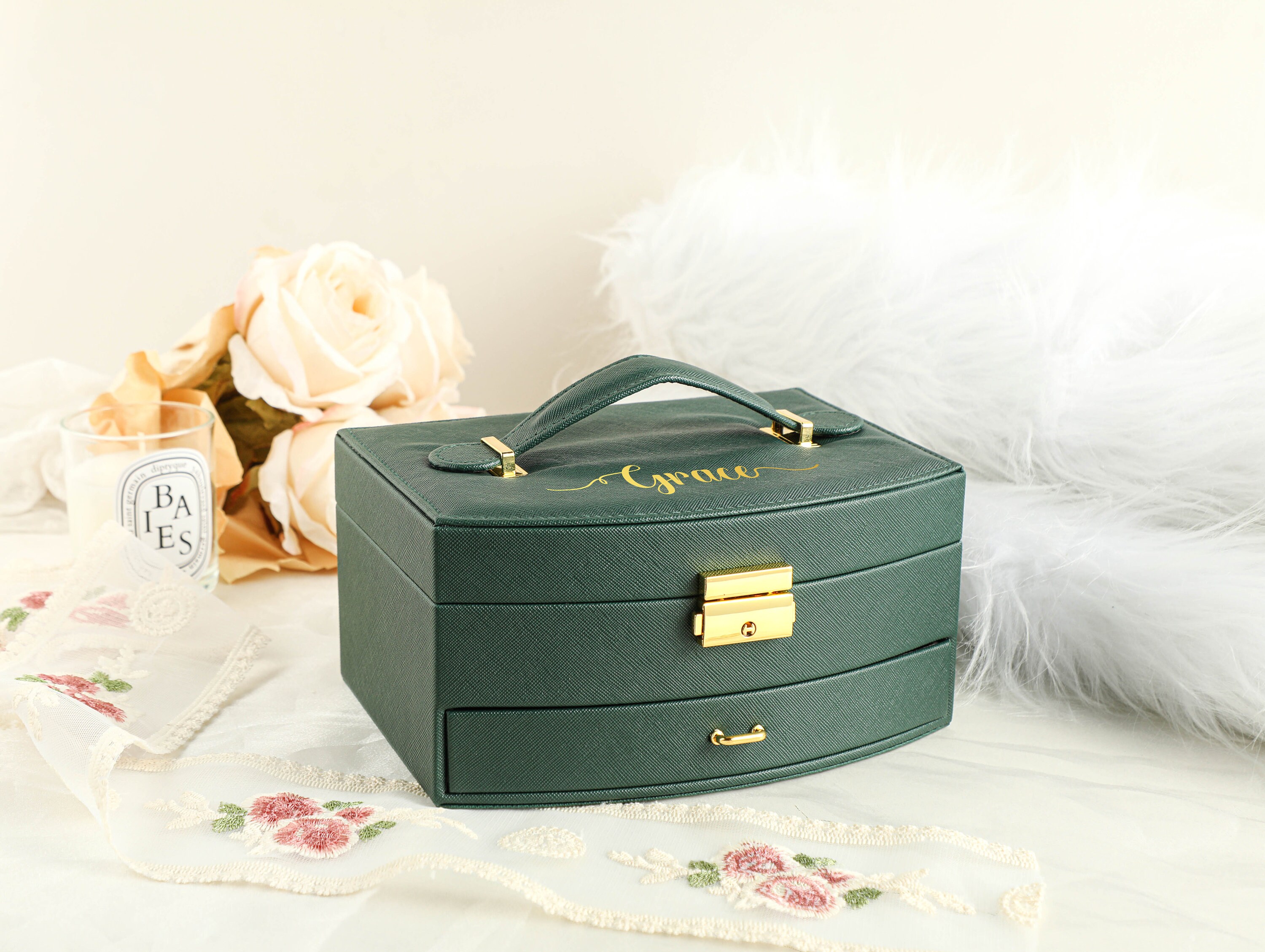 Large Jewelry Box with Mirror, Necklace Jewelry Box Multifunction Storage Box for Earrings Necklace Bracelet, Monogram Name Jewelry Boxes
