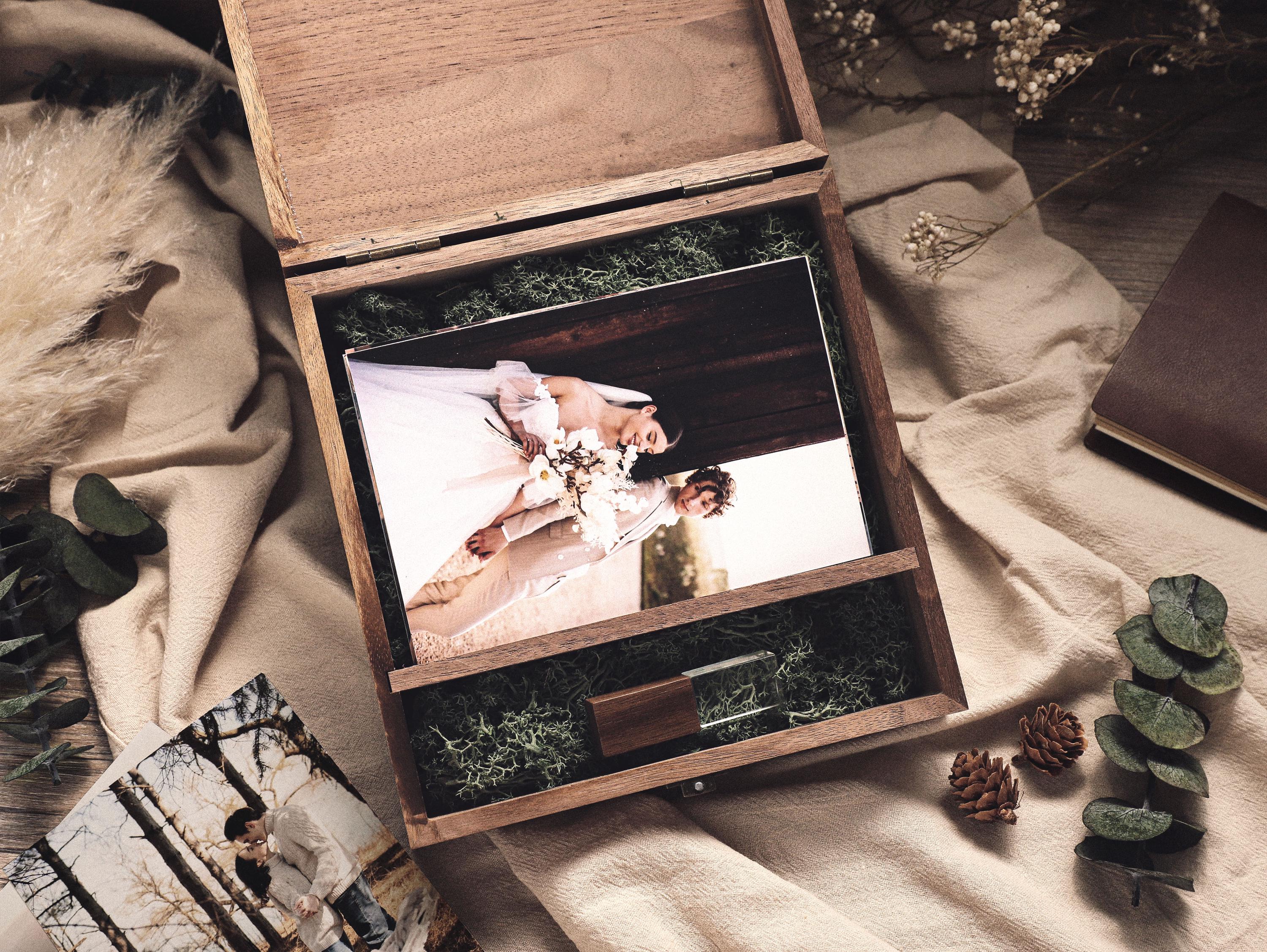Gepersonaliseerde houten fotodoos & USB, bruiloftsgeheugendoos, bruiloftsherinneringsdoos, jubileumcadeau, cadeau voor koppel, Valentijnsdagcadeau.