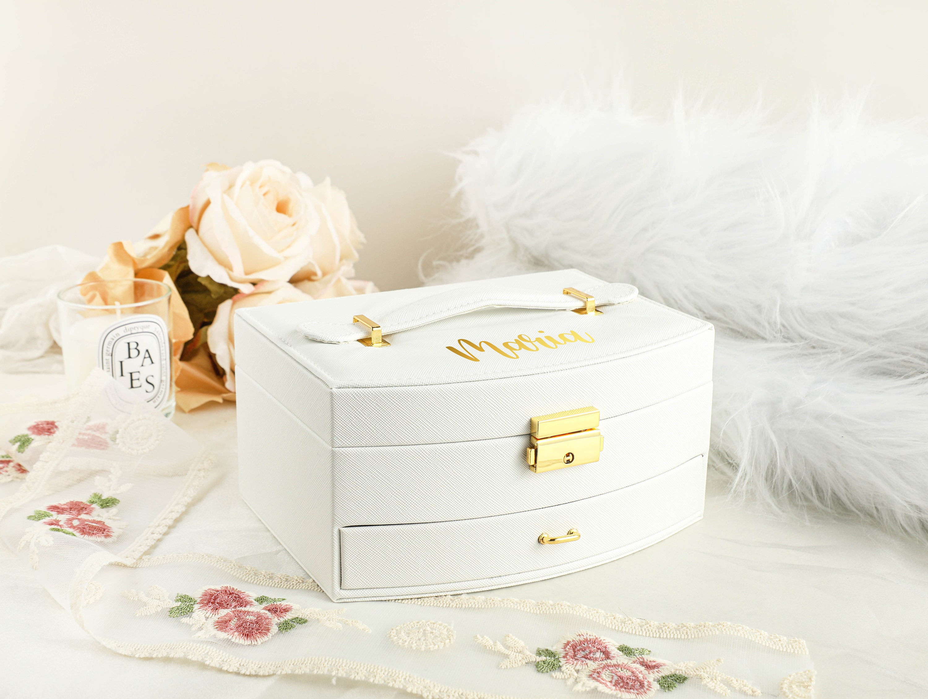 Large Jewelry Box with Mirror, Necklace Jewelry Box Multifunction Storage Box for Earrings Necklace Bracelet, Monogram Name Jewelry Boxes