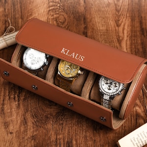Caja de reloj portátil personalizada, caja de reloj marrón, caja de reloj de viaje, rollo de caja de reloj de cuero de lujo para 3 relojes, soporte de caja de viaje para reloj