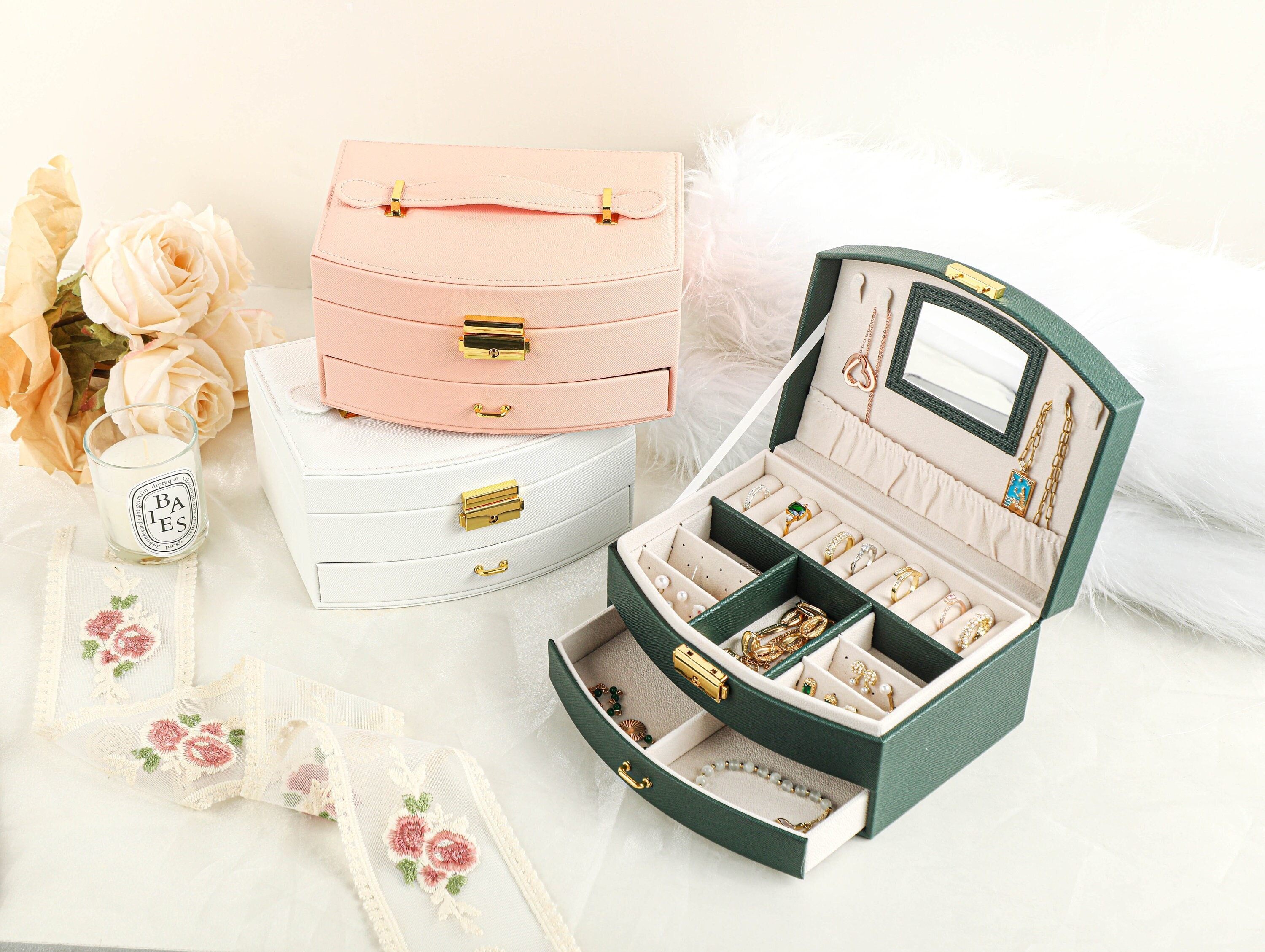 Large Jewelry Box with Mirror, Necklace Jewelry Box Multifunction Storage Box for Earrings Necklace Bracelet, Monogram Name Jewelry Boxes