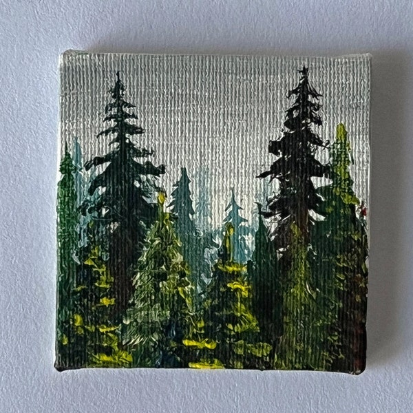 Forest miniature painting on tiny canvas, Mini canvas forest, Small canvas nature, Rustic collectable art, Home tiny decor