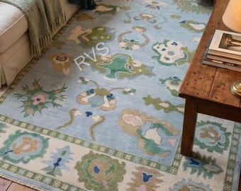 Yale Blue Beige Hand-Knotted Oushak Rug: Cream Pastel Wool Turkish style Area Rug