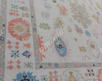 Hand-Knotted Oushak Rugs, Handmade Oushak Rug for Living Room, Bedroom, Dining Area, Ivory Handmade Area Rug, Wool Rug
