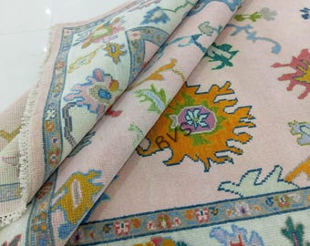 L.Pink Blue Soft Look Modern Oushak Rug Premium Wool Hand Knotted Turkish Inspired, CUSTOMIZE in any Size.