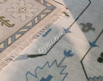 Handwoven Beige Oushak Rug: modern oushak rug Blue & Green Wool Turkish style  Rug