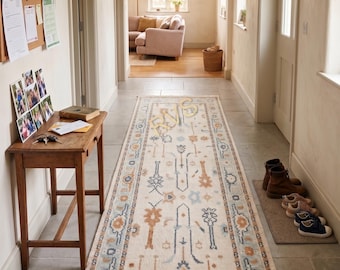 Handmade Oushak Style Wool Runner Rug - Beige & Blue Abstract Tribal Runner for Hallway