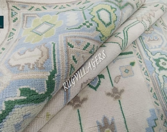 modern farmhouse: Hand Knotted Wool Oushak Rug, Cream Green Pink, Custom Size
