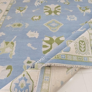 Hand Knotted Oushak Rug | Light Blue Wool Oriental Carpet, Rustic Modern Accent, fast delivery....