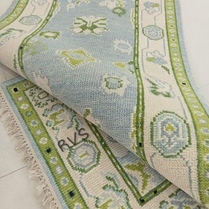 Hand-Knotted Oushak Runner Rug: Moss Green and steel blue Wool rug ,Hallway Rug