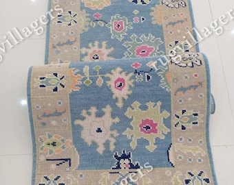 60x300cm Indo Oushak Läufer - Blaue Farbe Stil Handgeknüpfter Wollteppich - Küchen Läufer - Boho Läufer