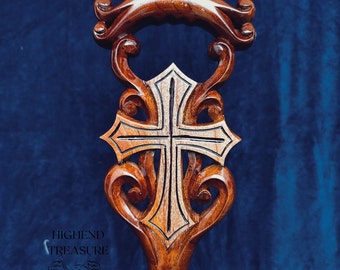 Cross of Devotion Handcrafted Wooden Cane for Christian Believers Intricate Wooden Cane with Christian Cross Design