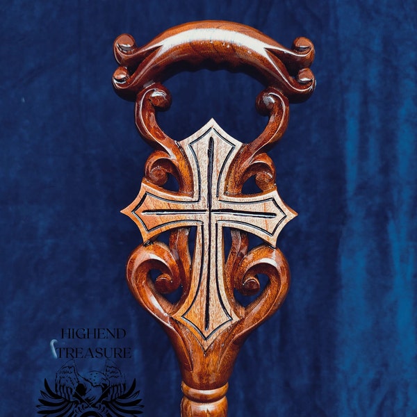 Cross of Devotion Handcrafted Wooden Cane for Christian Believers Intricate Wooden Cane with Christian Cross Design