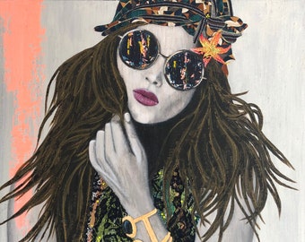 Collage multimediale misto 'boho lady met zonnebril 2'