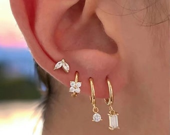 Baguette Dangle Stacked Earrings Set,Silver Multiple Earrings Set,4 Pcs Cute Earrings Set,Minimalist Earrings
