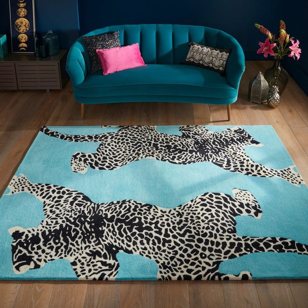 Leopard Area Rug, Animal Print Rug, Green Area Rug Carpet, Hand Tufted