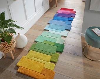 Hand made Runner Palette Geometric Colour Block Wool Runner Rug in Rainbow Multi 2.5x8 2.5x10 3.5x8 3.5x10 Custom tufted rug Runner rug