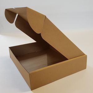 May include: A brown cardboard box with a hinged lid. The lid is open and the box is empty.
