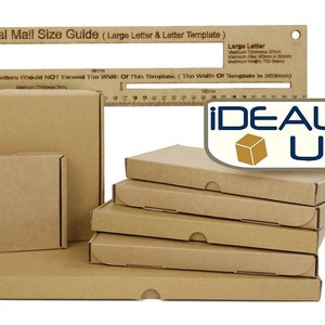 May include: An assortment of brown cardboard boxes, including flat and square designs, with a Royal Mail Size Guide ruler above. The ruler has measurements in mm. The iDEALS UK logo is in the top right corner.