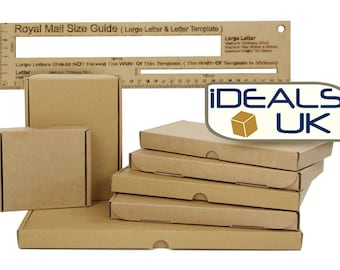 May include: An assortment of brown cardboard boxes, including flat and square designs, with a Royal Mail Size Guide ruler above. The ruler has measurements in mm. The iDEALS UK logo is in the top right corner.