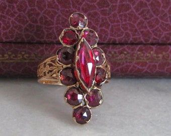 Large 18K Perpignan Garnet Ring, Antique French Foil Backed Garnet Catalan Ring