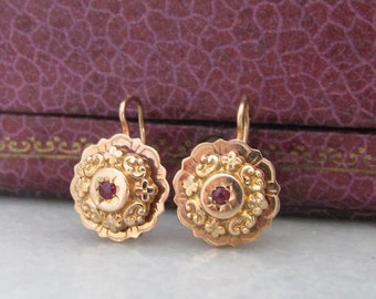 Antique 18K Solid Gold and Ruby Paste Belle Epoque Sleeper Earrings c. 1880
