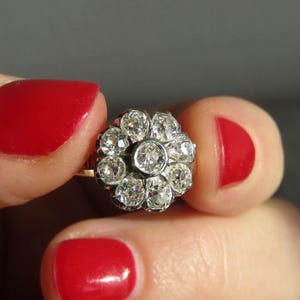 Antique 1.3 ct Diamond Daisy Ring with Platinum and 18k Gold, French Antique Daisy Cluster Engagement Ring c. 1900