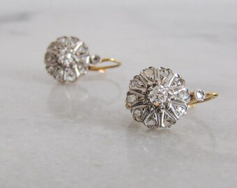 Antique Edwardian Diamond, Platinum, and Gold Daisy Cluster Earrings, Antique French Marguerite Diamond Earrings c. 1900