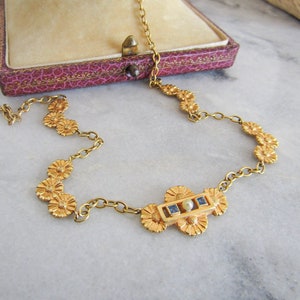 Solid 18K Gold Art Deco Sapphire Floral Drapery Necklace, Antique French Choker Necklace