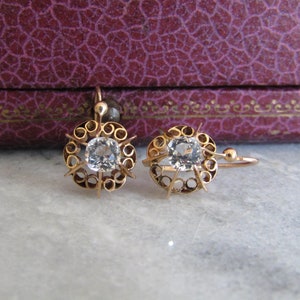 Victorian 14K Rose Gold Old Mine Cut Paste Sleeper Earrings, Antique French Belle Epoque OMC