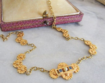 Solid 18K Gold Art Deco Sapphire Floral Drapery Necklace, Antique French Choker Necklace