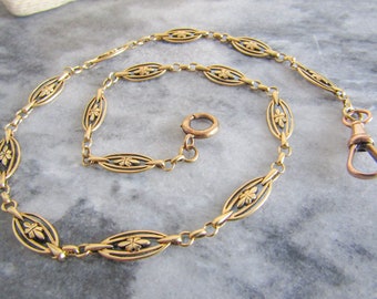 17" Heavy 18K Solid Gold Victorian Watch Chain, Antique French Floral Necklace Choker 19.00 g