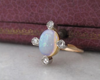 Edwardian Opal, Diamant und 18K Gold Konversionsring c. Um 1900, antiker Französischer Belle Epoque Stickpin Ring Konversion