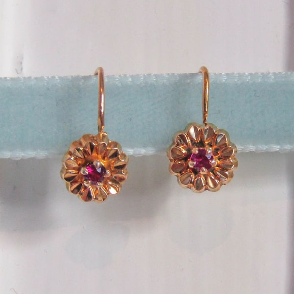 18K RUBY Floral Earrings, Vintage French Floral Drop Earrings