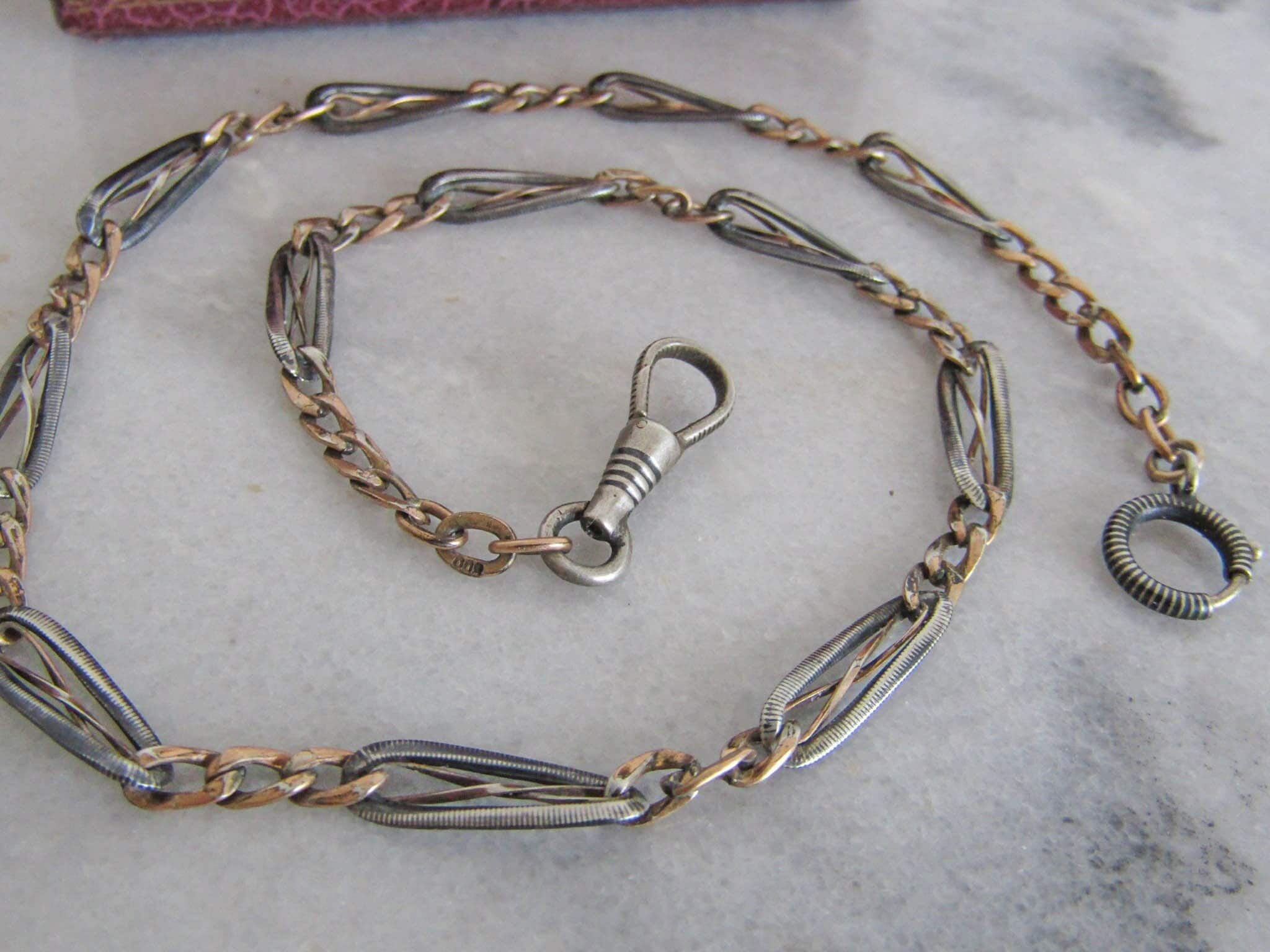 Victorian Antique Niello Watch Chain Bracelet , with Sterling